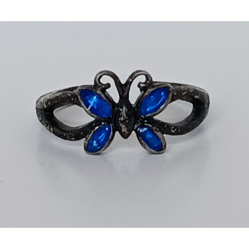 Vintage Nevada Silver Mine 925 Sterling Silver Blue Butterfly Ring Sz 4.5 Adjust